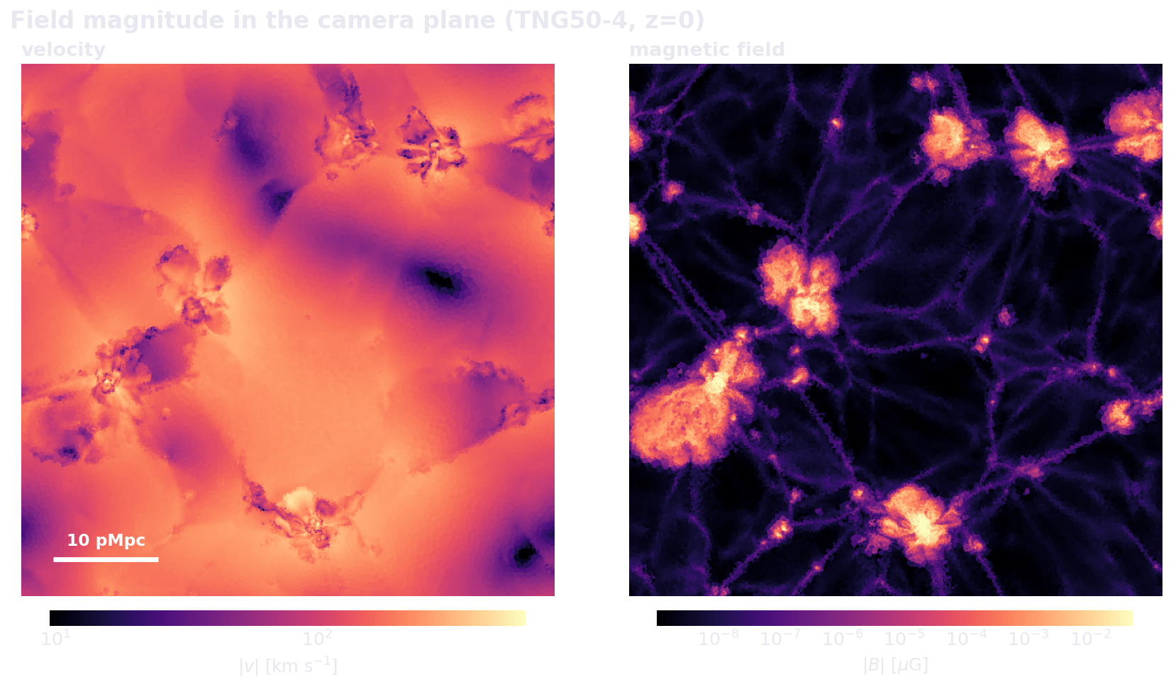 Gas velocity magnitude (left) and magnetic field strength (right) in the camera entry plane of the TNG50-4 box at z=0.