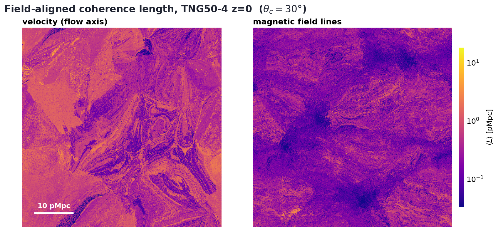 Per-pixel mean coherence length (interior segments only) for field-aligned rays following the velocity field (left) and the magnetic field (right).