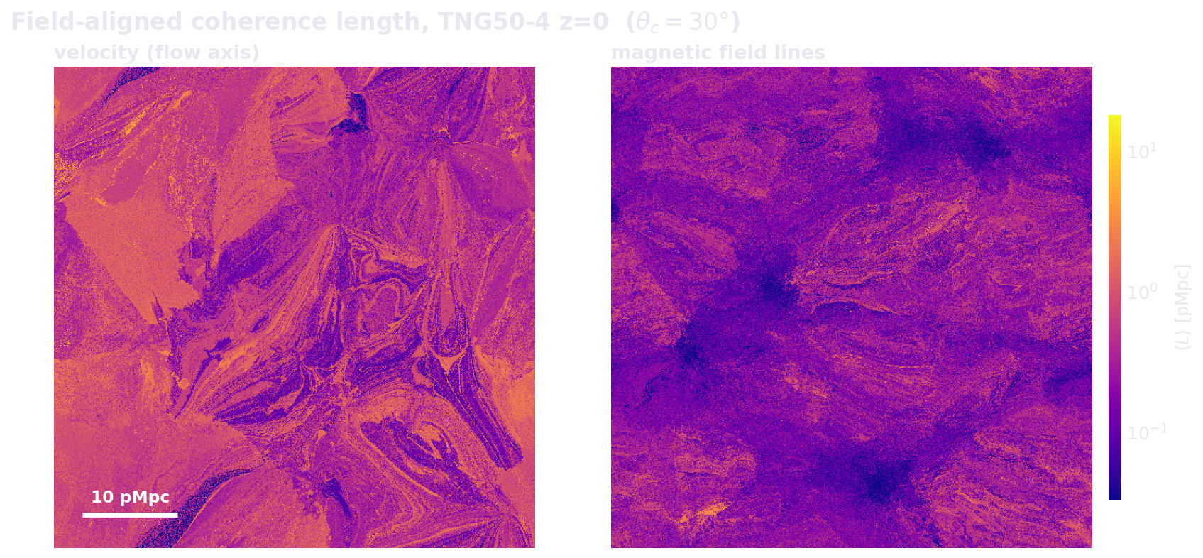 Per-pixel mean coherence length (interior segments only) for field-aligned rays following the velocity field (left) and the magnetic field (right).
