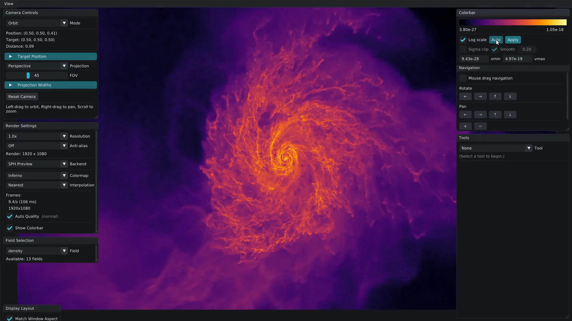 THOR Live Display showing a density projection of an MCST galaxy with camera, rendering, and analysis controls